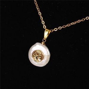 Natural pearl necklace life of tree gold pendant